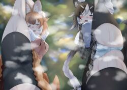 2girls animal_ear_fluff animal_ears arms_up ass bike_shorts bike_shorts_under_skirt black_hair black_shorts black_thighhighs blue_eyes blurry blurry_background blush braid breasts brown_hair cameltoe covered_erect_nipples crotch day dhole_(kemono_friends) dog_ears flexible grey_eyes grey_hair hair_between_eyes highres holding_leg jacket kaku_(drawing_twi) kemono_friends kemono_friends_3 kneepits large_breasts leg_hold leg_lift leg_up long_braid long_hair long_sleeves looking_at_viewer medium_breasts medium_hair miniskirt multicolored_hair multiple_girls necktie open_mouth original outdoors panties plaid plaid_necktie plaid_skirt pussy_juice pussy_juice_drip_through_clothes pussy_juice_stain shirt short_sleeves shorts shorts_under_skirt side-by-side single_braid skirt split spread_legs stained_panties standing standing_on_one_leg standing_split steaming_body sweat tail taut_clothes taut_shirt thighhighs two-tone_hair underwear very_long_hair wet wet_clothes wet_panties wet_shorts white_shirt wide_spread_legs wolf_ears wolf_girl wolf_tail 