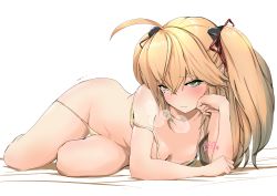  1girl absurdres admiral_hipper_(azur_lane) azur_lane blonde_hair bra bra_slip commentary_request curvy green_eyes heart heart-shaped_pupils heavy_breathing highres looking_at_viewer lying mole mole_under_eye navel on_stomach p.i.t.d panties panty_slip seductive_smile short_twintails smile solo symbol-shaped_pupils twintails underwear white_background 