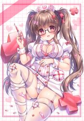 1girl :d bandaid bandaid_on_leg black-framed_eyewear blush bow breasts brown_hair cameltoe cleavage cleavage_cutout cleft_of_venus clothing_cutout collared_dress commentary_request dress feet_out_of_frame garter_straps glasses hair_bow hat heart highres holding holding_syringe knee_up kouta. large_breasts long_hair moe2023 nurse nurse_cap open_mouth original panties pink_bow puffy_short_sleeves puffy_sleeves red_bow red_eyes semi-rimless_eyewear short_sleeves smile solo syringe thighhighs twintails under-rim_eyewear underwear very_long_hair white_dress white_hat white_panties white_thighhighs wrist_cuffs rating:Questionable score:6 user:danbooru