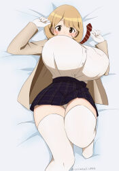  1girl blonde_hair blue_skirt blush breasts brown_eyes highres huge_breasts jacket light_blush looking_at_viewer lying masakin miniskirt narusawa_ryouka necktie occultic;nine on_bed open_clothes open_jacket panties pixiv_username red_necktie shirt short_hair skirt solo striped_necktie thighhighs underwear white_panties white_shirt white_thighhighs 