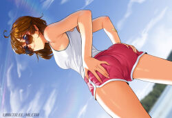  1girl ahoge ass ass_focus bandaid bandaid_on_arm bare_legs blue_eyes blue_sky body_freckles breasts brooke_(mleth) brown_hair commentary day dolphin_shorts dutch_angle english_commentary fingernails freckles from_below hands_on_own_ass highres lake medium_breasts medium_hair mleth original paid_reward_available pink_nails pink_shorts shorts sky solo summer sunglasses sweat tank_top white_tank_top 