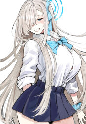  1girl :d arm_at_side arm_behind_back asuna_(blue_archive) asymmetrical_bangs black_skirt blue_archive blue_bow blue_bowtie blue_eyes blue_halo blue_ribbon blue_scrunchie blush bow bowtie breasts button_gap collared_shirt commentary cowboy_shot dareka_shira grin hair_over_one_eye hair_ribbon half-closed_eyes halo high-waist_skirt highres huge_breasts light_brown_hair long_hair long_sleeves looking_at_viewer miniskirt one_eye_covered open_mouth pleated_skirt ribbon school_uniform scrunchie shirt sidelocks simple_background skirt sleeves_pushed_up smile solo standing very_long_hair white_background white_shirt wrist_scrunchie 