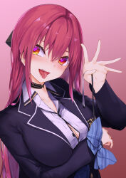  1girl arms_under_breasts black_choker black_vest blush breasts choker cleavage collared_shirt heart heart-shaped_pupils hololive houshou_marine houshou_marine_(school_uniform) kyougoku_touya large_breasts long_hair looking_at_viewer partially_unbuttoned pink_background red_eyes red_hair shirt smile solo symbol-shaped_pupils teeth tongue tongue_out upper_teeth_only vest virtual_youtuber white_shirt yellow_eyes 