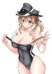  1girl artist_request breasts cleavage hat kantai_collection one-piece_swimsuit peaked_cap prinz_eugen_(kancolle) swimsuit tagme thighs white_background  rating:Questionable score:7 user:airami