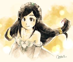 1girl black_hair breasts cleavage closed_mouth commentary_request dress final_fantasy final_fantasy_ix garnet_til_alexandros_xvii gloves jewelry long_hair looking_at_viewer low-tied_long_hair miri_(mirik) necklace smile solo wedding_dress rating:Sensitive score:3 user:danbooru