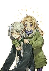  1boy 1girl arms_around_neck blonde_hair coat dungeon_meshi elf fleki fur-trimmed_coat fur_trim green_coat green_eyes grey_hair hair_around_ear hair_tubes highres long_hair long_sleeves looking_at_viewer low_twintails lycion notched_ear nova_1810 pointy_ears purple_eyes smile twintails winter_clothes 