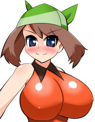1girl bandana bare_arms bare_shoulders blue_eyes blush breasts brown_hair cleavage closed_mouth collared_shirt covered_erect_nipples creatures_(company) female_focus game_freak green_bandanna harubato huge_breasts looking_at_viewer may_(pokemon) may_(pokemon_emerald) naughty_face neck nintendo orange_shirt pokemon pokemon_(anime) pokemon_rse shirt short_hair simple_background skin_tight sleeveless sleeveless_shirt smile solo upper_body white_background rating:Questionable score:41 user:8bit