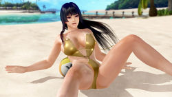 1girl 3d ball beach black_hair breasts dead_or_alive dead_or_alive_5 dead_or_alive_xtreme_3_fortune dead_or_alive_xtreme_beach_volleyball large_breasts long_hair nyotengu official_art open_mouth outdoors sky solo swimsuit volleyball_(object) rating:Questionable score:20 user:jojosstand