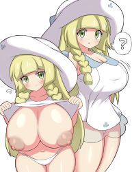  1girl alternate_breast_size alternate_hair_length alternate_hairstyle blonde_hair braid breasts cleavage cowboy_shot creatures_(company) dress from_above game_freak grass green_eyes hair_between_breasts hat highres huge_breasts jaga334 lillie_(pokemon) looking_at_viewer nintendo open_mouth panties pokemon pokemon_sm side_braid simple_background smile solo standing sun_hat twin_braids underwear white_background white_hat  rating:Questionable score:103 user:Vardigiil