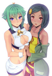  10s 2girls :d aquarion_(series) aquarion_evol bad_id bad_pixiv_id bare_shoulders black_hair blush braid breasts cleavage cleavage_cutout clothing_cutout collarbone crop_top dark-skinned_female dark_skin female_focus from_above green_hair groin hair_ornament happy holding_hands interlocked_fingers long_hair looking_at_viewer looking_up medium_breasts midriff multiple_girls navel open_mouth own_hands_together purple_eyes red_eyes sazanka_bianca shiny_skin short_hair short_shorts shorts sideboob simple_background smile twin_braids white_background wrist_cuffs yuri zessica_wong zzzalam 