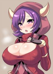 1girl black_gloves blush breast_suppress breasts cleavage cleavage_cutout clothing_cutout courtney_(pokemon) courtney_(pokemon_oras) covered_erect_nipples creatures_(company) fake_horns fingerless_gloves game_freak gloves heart heart-shaped_pupils hood horned_headwear horns huge_breasts konno_tohiro meme_attire nintendo open-chest_sweater open_mouth pokemon pokemon_oras purple_eyes purple_hair ribbed_sweater short_hair simple_background solo sweater symbol-shaped_pupils team_magma rating:Questionable score:113 user:danbooru
