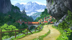 bridge building castle cloud commentary day dirt_road english_commentary flower grass lorenzo_lanfranconi mountain no_humans original railing road scenery sky town tree valley rating:General score:11 user:danbooru