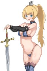  1girl arched_back bikini black_sleeves blonde_hair blue_bikini blue_collar blue_eyes blue_footwear boots breasts collar collarbone crown detached_sleeves ex_(himesama_goumon) eyebrows eyelashes feet_out_of_frame female_focus from_side highres hime-sama_&quot;goumon&quot;_no_jikan_desu hime_(himesama_goumon) long_hair looking_at_viewer looking_to_the_side medium_breasts navel norakuro_nero open_mouth ponytail simple_background smile solo standing swimsuit sword teeth thigh_boots upper_teeth_only weapon 