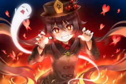 1girl animal black_hat black_nails brown_hair brown_jacket bug butterfly claw_pose collared_shirt commentary_request dress_shirt fire flower flower-shaped_pupils genshin_impact ghost grin hair_between_eyes hands_up hat hat_flower hu_tao_(genshin_impact) insect jacket long_hair long_sleeves looking_at_viewer nail_polish red_eyes red_flower red_shirt shirt shitou_(1992116210) smile solo symbol-shaped_pupils twintails very_long_hair