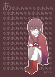 1girl ani12 artist_name boots braid brown_hair closed_eyes closed_mouth crossed_arms long_hair madotsuki outline pale_skin patterned_background pleated_skirt print_shirt purple_skirt red_background red_footwear shirt sitting skirt solo spanish_commentary twin_braids white_outline yume_nikki 