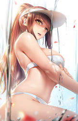 1girl bandeau bare_arms bare_shoulders bikini blue_background blush breasts brown_eyes brown_hair commentary gradient_background head_tilt highres large_breasts long_hair looking_at_viewer obaoba_(monkeyix) open_mouth original petals ponytail sidelocks sitting solo sparkle stomach strapless strapless_bikini swimsuit symbol-only_commentary thighs visor_cap water white_background white_bikini rating:Sensitive score:44 user:danbooru