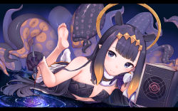  1girl ao-chan_(ninomae_ina&#039;nis) barefoot black_gloves book detached_sleeves flat_chest gloves halo highres hinasaki_you holding holding_pen hololive hololive_english lying mole mole_under_eye monogram ninomae_ina&#039;nis ninomae_ina&#039;nis_(1st_costume) on_stomach pen single_detached_sleeve single_thighhigh smile soles solo space star_(sky) tentacle_hair tentacles thighhighs toes virtual_youtuber  rating:Sensitive score:31 user:danbooru