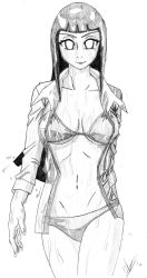  1girl absurdres bikini breasts graphite_(medium) highres hyuuga_hinata medium_breasts monochrome naruto naruto_(series) no_pupils open_clothes open_shirt shirt signature simple_background solo standing swimsuit traditional_media underboob walking wet white_background  rating:Sensitive score:9 user:lanky
