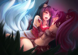 2girls after_kiss ahri_(league_of_legends) animal_ear_fluff animal_ears arm_tattoo back_tattoo bare_shoulders black_hair blush body_tattoo bra braid breasts bush butt_crack cleavage collarbone dark-skinned_female dark_skin detached_sleeves eye_contact facial_mark facing_another fang fox_ears fox_girl fox_tail hand_on_another&#039;s_face happy heart heart-shaped_pupils high_ponytail inari interracial large_breasts league_of_legends long_hair looking_at_another mind_control monster_girl multiple_girls multiple_tails nidalee on_lap on_person open_mouth pink_eyes ponytail ricegnat saliva saliva_trail shiny_skin sitting sitting_on_lap sitting_on_person smile symbol-shaped_pupils tail tattoo teeth tongue tongue_out tribal underwear whisker_markings white_tail yellow_eyes yuri rating:Questionable score:547 user:danbooru
