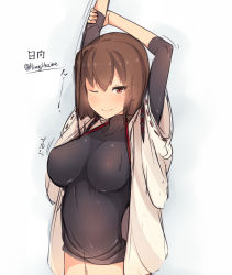 10s 1girl ;) arms_up breasts brown_hair hyuuga_(kancolle) kantai_collection large_breasts navel one_eye_closed short_hair shuuichi simple_background smile solo twitter_username upper_body white_background rating:Questionable score:33 user:danbooru