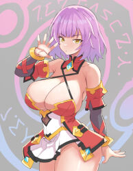  1girl :/ amulet arm_at_side bare_shoulders blunt_bangs breasts cleavage closed_mouth cowboy_shot criss-cross_halter detached_sleeves dress epic_seven gold_trim grey_background groin halterneck hand_up large_breasts long_sleeves looking_at_viewer medium_hair mercedes_(epic_seven) microdress multicolored_clothes multicolored_dress outstretched_hand pink_hair pleated_dress rein_(rafael_3682) sleeveless sleeveless_dress solo thick_thighs thighs v-shaped_eyebrows wristlet yellow_eyes 