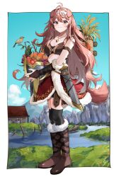  1girl :3 amesui animal_ears antenna_hair arm_strap armor backpack_basket basket bikini_armor black_thighhighs bone_hair_ornament boots border bracer braid braided_sidelock breasts brown_eyes brown_hair cartoon_bone chest_armor cleavage day dog_ears dog_girl dog_tail fang foliage food fruit full_body fur-trimmed_boots fur-trimmed_skirt fur_skirt fur_trim grapes hair_ornament hashtag-only_commentary helmet highres holding holding_helmet hololive house inugami_korone inugami_korone_(viking) jewelry knee_boots leather leather_armor leather_boots long_hair looking_afar medium_breasts messy_hair midriff mountain necklace official_alternate_costume outdoors red_skirt river skin_fang skirt solo standing sword tail thighhighs very_long_hair virtual_youtuber weapon wheat white_border 