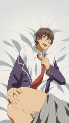 1boy anus ass brown_hair gamers! highres presenting looking_at_viewer lying male_focus mochi_otto school_uniform smile tagme testicles uehara_tasuku undressing rating:Explicit score:4 user:harucho