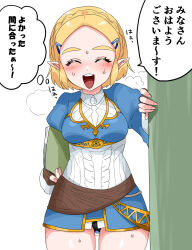  1girl :d black_panties blonde_hair blush bob_cut breasts breath crown_brain eyelashes fingerless_gloves forehead gloves hair_ornament hairclip heavy_breathing highres holding holding_notebook medium_breasts nintendo notebook open_mouth panties pantyshot pointy_ears princess_zelda short_hair simple_background smile speech_bubble sweat teeth the_legend_of_zelda the_legend_of_zelda:_breath_of_the_wild thick_eyebrows thigh_gap thighs thought_bubble translated underwear upper_teeth_only wasabi_(legemd) white_background 