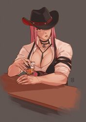  1girl alcohol alternate_muscle_size biceps black_choker bodice breasts choker cleavage cowboy cowboy_hat cowboy_western hat hat_ornament highres hololive hololive_english iskaydi large_breasts long_hair low-cut mori_calliope mori_calliope_(sheriff) muscular muscular_female official_alternate_costume pink_hair red_eyes sheriff sheriff_badge shirt skull_choker skull_hat_ornament skull_ornament solo virtual_youtuber western whiskey white_shirt 