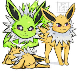 alternate_color blush closed_eyes closed_mouth colored_sclera creatures_(company) game_freak gen_1_pokemon jolteon lying nintendo no_humans pokemon pokemon_(creature) purple_sclera shiny_pokemon shyblacksheep sleeping smile standing white_background white_eyes