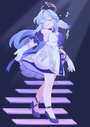  1girl absurdres blue_hair breasts cleavage closed_eyes commentary contrapposto dress english_commentary floating_stairs gloves halo head_wings high_heels highres honkai:_star_rail honkai_(series) large_breasts light_blue_hair long_hair musical_note paintchuu purple_footwear robin_(honkai:_star_rail) signature smile solo stairs treble_clef white_dress white_gloves wings 