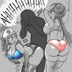  2girls armpits arms_up ass ass_shake bare_shoulders baseball_cap bent_over blue_bra bouncing_breasts bra breasts butt_crack cleavage condom condom_packet_strip condom_wrapper covering_own_eyes creatures_(company) double_bun dry_humping earrings elbow_gloves english_text eyebrows_visible_through_hat eyelashes game_freak gloves grey_background hair_bun hand_on_own_head hand_on_own_knee hat highres hilda_(pokemon) holding holding_condom hoop_earrings huge_ass humping jewelry large_breasts leaning_forward lips long_hair looking_at_another looking_back meme motion_lines multiple_girls nintendo open_mouth panties parody parted_lips pink_panties poke_ball_print poke_ball_symbol pokemon pokemon_bw pokemon_bw2 ponytail print_headwear rosa_(pokemon) screaming seductive_smile shiny_skin silhouette smile smirk sound_effects spot_color standing the_simpsons thick_thighs thighhighs thighs twintails underwear very_long_hair whimsicalassman  rating:Questionable score:150 user:pc88