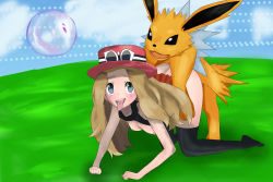 1boy 1girl absurdres artist_request bestiality black_shirt black_thighhighs blue_eyes breasts breasts_out clothes_lift creatures_(company) doggystyle eyewear_on_headwear game_freak gen_1_pokemon grey_eyes hat hetero highres jolteon kuruminty light_brown_hair long_hair medium_breasts nintendo pleated_skirt pokemon pokemon-amie pokemon_(creature) pokemon_xy pokephilia red_hat red_skirt serena_(pokemon) sex sex_from_behind shirt shirt_lift skirt sleeveless sleeveless_shirt sunglasses tagme thighhighs tongue tongue_out white-framed_eyewear yellow_fur