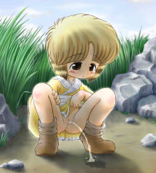 1girl blonde_hair blush boots brown_eyes brown_footwear cloud dress grass loli looking_down no_panties open_mouth outdoors peeing puddle pussy rock short_hair short_sleeves sky squatting sweat uncensored yellow_dress rating:Explicit score:9 user:cpee