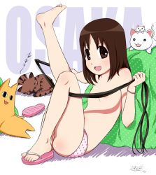  1girl animal azumanga_daiou barefoot breasts brown_eyes brown_hair cat character_name convenient_censoring feet flip-flops highres idfer iriomote_cat kasuga_ayumu loli long_hair looking_at_viewer matching_hair/eyes mihama_chiyo&#039;s_father nekokoneko open_mouth panties sandals shoes simple_background single_shoe sleeping small_breasts stuffed_animal stuffed_toy toes topless underwear unworn_shoes whip white_background zzz  rating:Questionable score:62 user:wingwong123