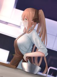  1girl absurdres alternate_costume apron artist_name blush breasts brown_apron brown_ribbon closed_mouth cozie178 female_focus girls&#039;_frontline green_eyes hair_between_eyes hair_ribbon hand_on_own_hip highres kitchen kitchen_scale large_breasts long_hair looking_at_viewer looking_to_the_side orange_hair ponytail ribbon shirt simple_background smile solo springfield_(girls&#039;_frontline) upper_body weighing_scale white_shirt  rating:Sensitive score:5 user:danbooru