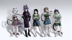 5girls animal_ears anklet barefoot black_eyes black_footwear black_gloves black_hair blue_shorts blue_skirt boots brown_dress brown_hair brown_horns circlet closed_mouth commentary_request covered_eyes crossed_arms dog_ears dog_girl dog_tail dress elbow_gloves expressionless fingernails flower bear_trap full_body ghost_in_the_shell ghost_in_the_shell_lineup gloves green_shirt green_shorts grey_background grin hand_on_own_hip highres horns jewelry kawahagi_modoki long_hair looking_at_viewer medium_bangs mitsugashira_enoko monkey_girl monkey_tail multiple_girls multiple_tails muted_color nippaku_zanmu off-shoulder_dress off_shoulder pointy_ears print_dress purple_dress purple_flower purple_hair red_nails sandals shadow sharp_fingernails sharp_toenails shirt short_bangs short_hair short_sleeves shorts sidelocks simple_background single_strap skirt small_horns smile son_biten standing tail tenkajin_chiyari toenails touhou unfinished_dream_of_all_living_ghost vine_print white_hair yomotsu_hisami