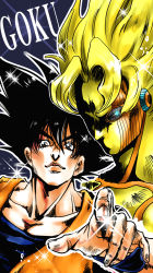  1boy araki_hirohiko_(style) black_hair character_name close-up crossover dragon_ball dragonball_z english_text eyelashes grey_eyes happy highres jojo_no_kimyou_na_bouken lips looking_at_viewer male_focus palms parody pointing pointing_at_viewer shiko_an short_hair smile solo son_goku source_request spiked_hair stand_(jojo) style_parody super_saiyan upper_body wrist_cuffs 