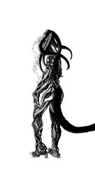  1girl black_sclera breasts claws colored_sclera female_focus fire genderswap genderswap_(mtf) greyscale highres looking_at_viewer looking_back monochrome monster_girl nude one-punch_man orochi_(one-punch_man) scales snake_arms snake_hair snake_legs solo tail tentacles tentacle_hair white_background  rating:Questionable score:3 user:Mrmustazz
