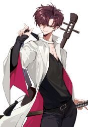  1boy belt black_pants black_shirt coat collared_coat cowboy_shot earrings fate/grand_order fate_(series) hair_over_one_eye hand_on_hilt highres holding instrument instrument_on_back jewelry long_sleeves looking_at_viewer male_focus muki_(muki_kunxd) pants pink_coat red_eyes red_hair shamisen sheath sheathed shirt short_hair smile solo sword takasugi_shinsaku_(fate) takasugi_shinsaku_(first_ascension)_(fate) two-sided_coat two-sided_fabric weapon white_coat 