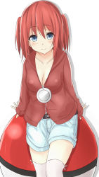  1girl blue_eyes breasts cleavage creatures_(company) game_freak highres jacket long_hair looking_at_viewer nintendo personification poke_ball poke_ball_(basic) pokemon red_hair saku_(kudrove) shorts smile solo thighhighs two_side_up white_thighhighs  rating:Sensitive score:12 user:danbooru