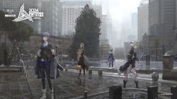  4girls animal_ears arknights black_coat black_gloves black_pantyhose blue_shorts braid braided_ponytail chinese_commentary city closed_eyes coat commentary_request copyright_name copyright_notice dual_wielding extra_ears fingerless_gloves gloves grey_hair hammer holding holding_sword holding_weapon jacket jacket_on_shoulders lappland_(arknights) lappland_(refined_horrormare)_(arknights) long_hair multiple_girls official_art open_clothes outdoors paindude pantyhose penance_(arknights) shorts sword tail texas_(arknights) texas_the_omertosa_(arknights) tree weapon wolf_ears wolf_girl wolf_tail 