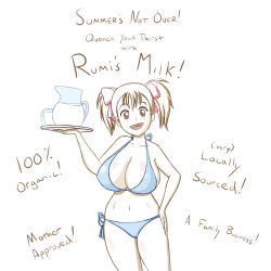  1girl bikini breasts friendlymoblin glass haha_musume_donburi highres huge_breasts lactation milk pitcher_(container) plump rumi_(haha_musume_donburi) simple_background sketch solo standing swimsuit tagme  rating:Questionable score:76 user:friendlymoblin