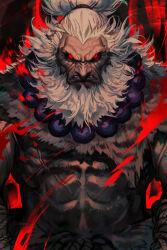  1boy abs akuma_(street_fighter) aura bead_necklace beads beard dark-skinned_male dark_skin facial_hair glowing glowing_eyes high_ponytail hungry_clicker jewelry looking_at_viewer muscular muscular_male necklace no_eyebrows old old_man red_eyes red_theme solo street_fighter street_fighter_6 upper_body white_hair 