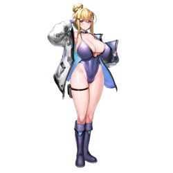 1girl armpits blonde_hair blue_footwear blue_gloves blue_one-piece_swimsuit blush boots breasts bumcha character_name choker cleavage collarbone covered_navel fingerless_gloves full_body gloves groin habetrot_(last_origin) hair_bun hair_ornament hairclip highleg highleg_swimsuit highres holding holding_tablet_pc huge_breasts jacket last_origin looking_at_viewer name_tag official_alternate_costume official_art one-piece_swimsuit open_clothes open_jacket pen pouch purple_eyes salute sidelocks single_hair_bun skindentation smile solo sweat swimsuit swimsuit_under_clothes tablet_pc thigh_pouch thighs transparent_background rating:Sensitive score:40 user:danbooru