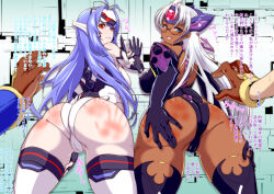  1boy 2girls absurdres ass ass_focus black_footwear black_gloves black_leotard blue_eyes blue_sleeves breasts brown_gloves cameltoe cleft_of_venus closed_mouth comiket_99 elbow_gloves glasses gloves grin hetero highres k-you_(hikarininare) kos-mos large_breasts leotard long_hair looking_at_another looking_at_viewer multiple_girls pov pov_hands purple_hair red_eyes rex_(xenoblade) single_sleeve smile spanked spanking t-elos teeth white_footwear white_gloves white_hair white_leotard xenoblade_chronicles_(series) xenoblade_chronicles_2 