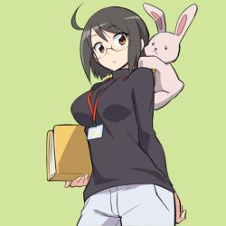 10s 1girl ahoge arm_behind_back black_hair breasts glasses grey_background id_card large_breasts looking_at_viewer servant_x_service short_hair simple_background solo stuffed_animal stuffed_rabbit stuffed_toy yamagami_lucy