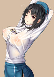 10s 1girl absurdres arms_behind_head beret black_hair blue_hat breasts covered_erect_nipples flying_sweatdrops garter_straps hat highres kantai_collection large_breasts looking_at_viewer nipples no_bra one_eye_closed revision see-through shirt shirt_tucked_in short_hair simple_background skirt solo stretching suika_(atelier-yuu) takao_(kancolle) white_shirt rating:Questionable score:26 user:danbooru