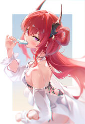  1girl absurdres arknights arm_cutout bikini black_bikini black_horns blurry blush border chromatic_aberration clothing_cutout cowboy_shot food hair_between_eyes hair_intakes hand_up highres holding holding_food holding_ice_cream horns hyin ice_cream long_hair long_sleeves official_alternate_costume open_mouth outside_border purple_eyes red_hair see-through slit_pupils solo standing star_(symbol) surtr_(arknights) surtr_(colorful_wonderland)_(arknights) swimsuit swimsuit_cover-up white_border 