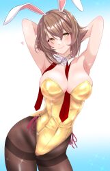  1girl absurdres alternate_costume animal_ears arched_back armpits arms_behind_head between_breasts black_pantyhose breasts brown_hair closed_mouth commentary_request covered_navel fake_animal_ears gold_leotard green_eyes hair_between_eyes heart highres kantai_collection large_breasts leotard looking_at_viewer mutsu_(kancolle) necktie necktie_between_breasts nitamako_(sakamalh) pantyhose playboy_bunny rabbit_ears short_hair simple_background smile solo undone_necktie 